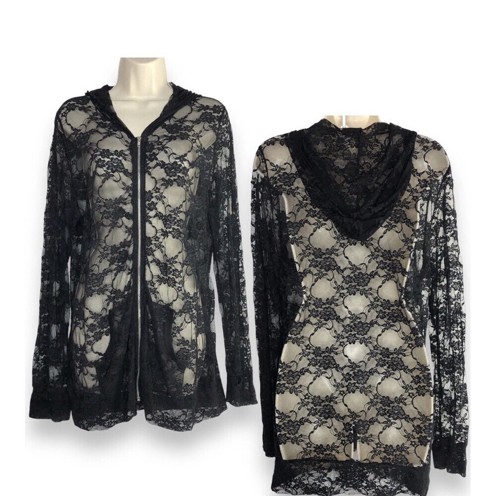 eVogues Women Fairy Grunge Sheer Lace Mesh Hoodie Top S Black Whimsigoth Vampire